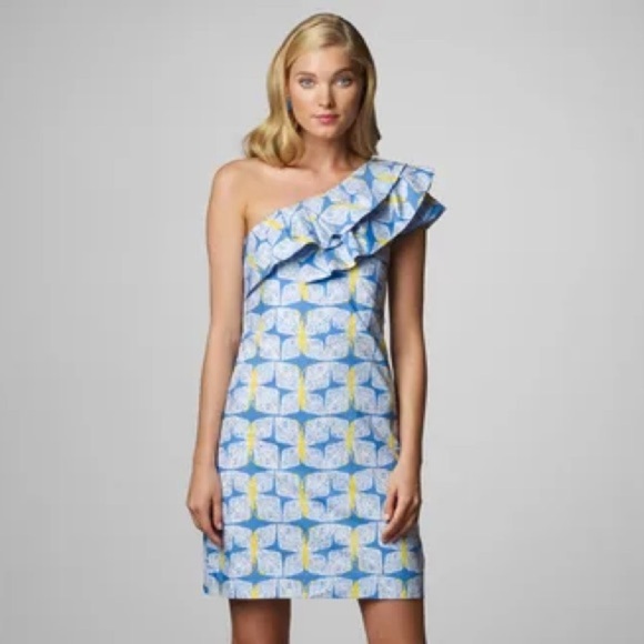 Lilly Pulitzer One-Shoulder Sandra Ruffle Cotton Dress Butterfly Print Size 10 - Picture 1 of 13